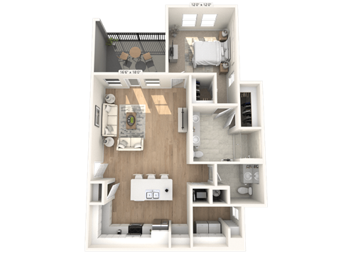 Floor plan for 1 bed, 1.5 baths, 1002 sqft